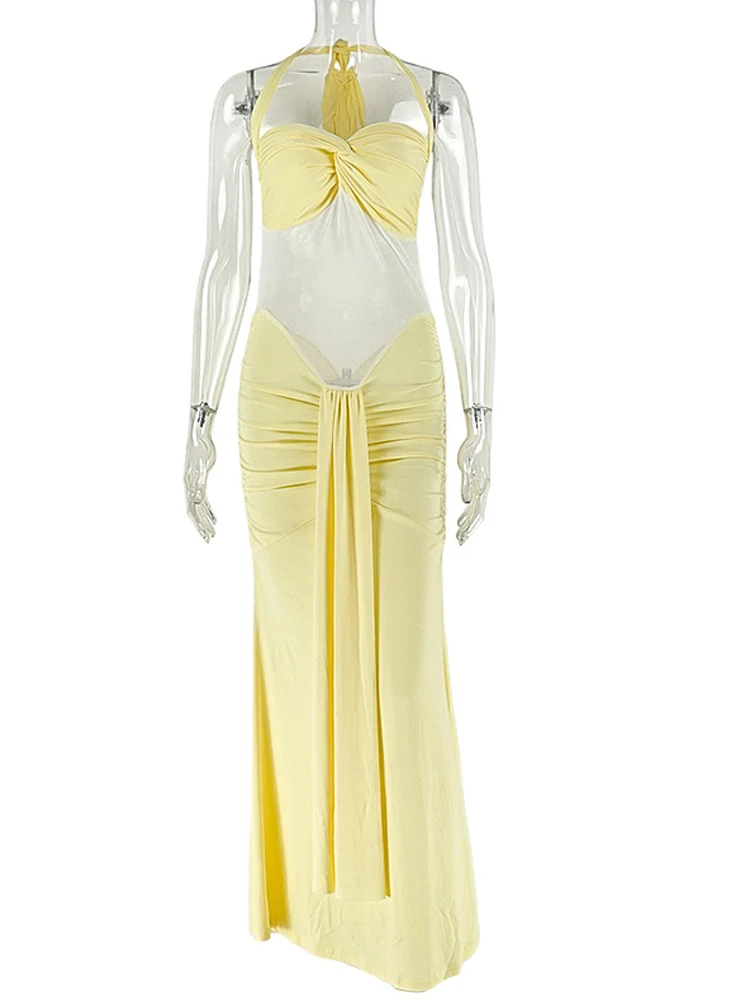 Beyprern 섹시한 여성용 옐로우 홀터넥 러치드 맥시 드레스 뉴 레이디스 매듭 프론트 시어 메쉬 바디콘 이브닝 파티 클럽웨어