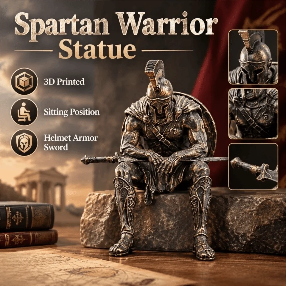 3D Printed Spartan Warrior Statue Sitting Position Vintage Greek Warrior Ornament Mini Helmet Armor Ancient Greek Sculpture