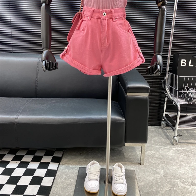 New 2022 fashion Designer Famous brand Women pinkycolor High waist Denim shorts A-line edge curl Wide leg shorts