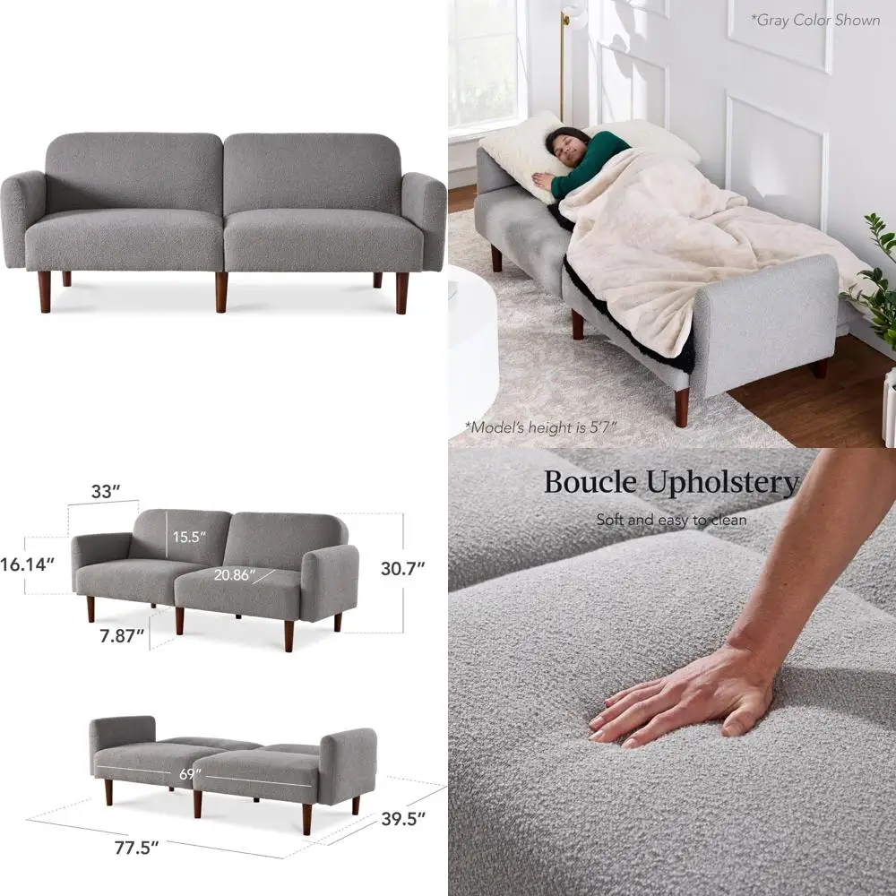 

mid century modern loveseat sofa couch convertible sleeper bed with real wood removable armrest - storm gray upholstery