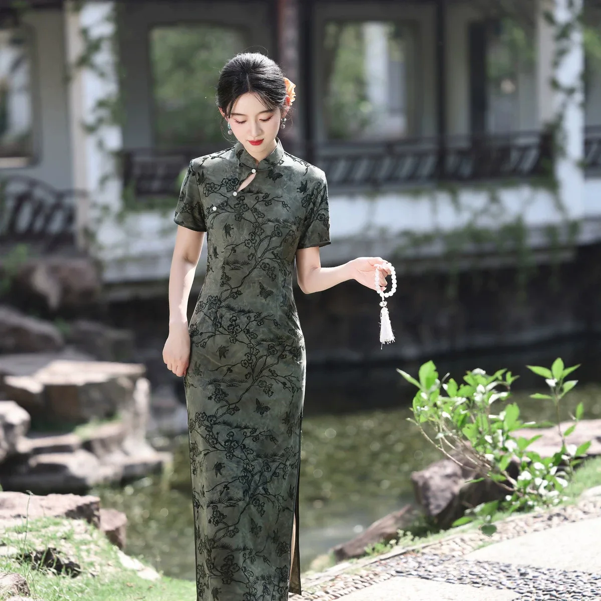 Chinese Style Modified Flocked Long Cheongsam for SummerSlim Fit Daily Wedding Banquet Performance Qipao Dress Women CH-041