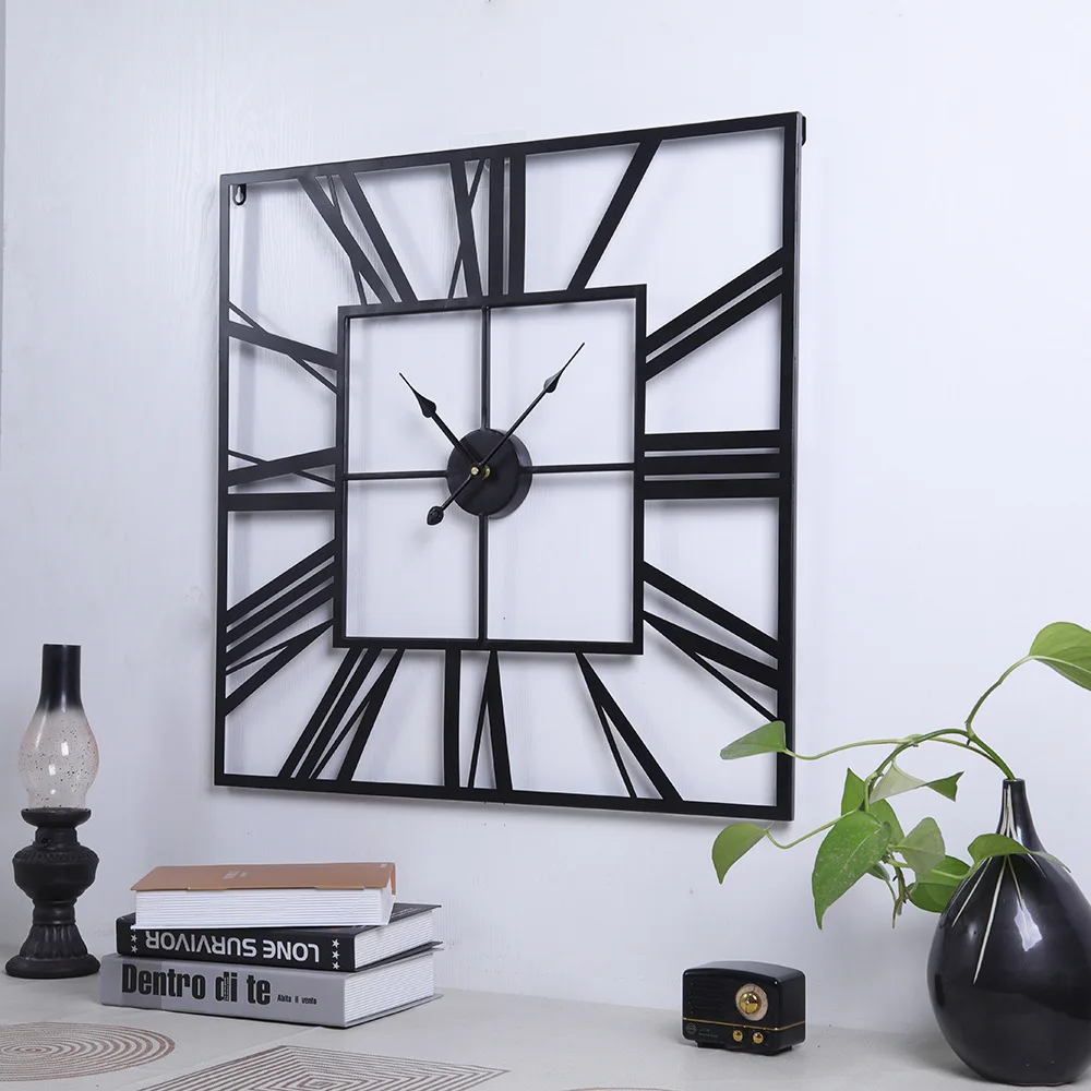 Modern 3d Large Wall Clock Roman Numeral Retro Square 58cm Wall Decor Silent Clock Nordic Restaurant Living Room Decoration Art