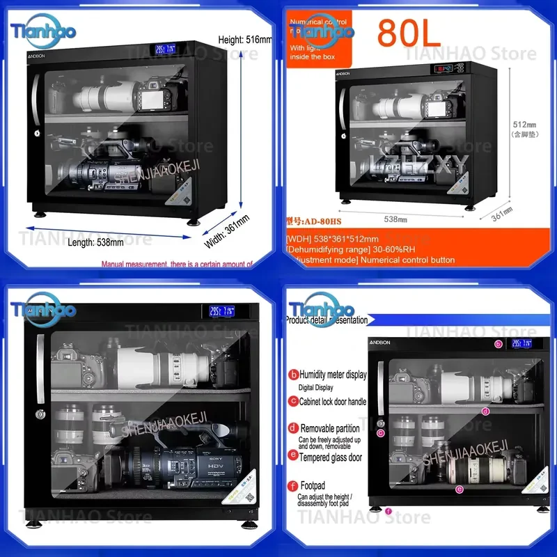 Electronic Moistureproof Box LED Drying Oven 80L for SLR Camera Lens Storage and Drying Cabinet for AD-80HC 220V-240V