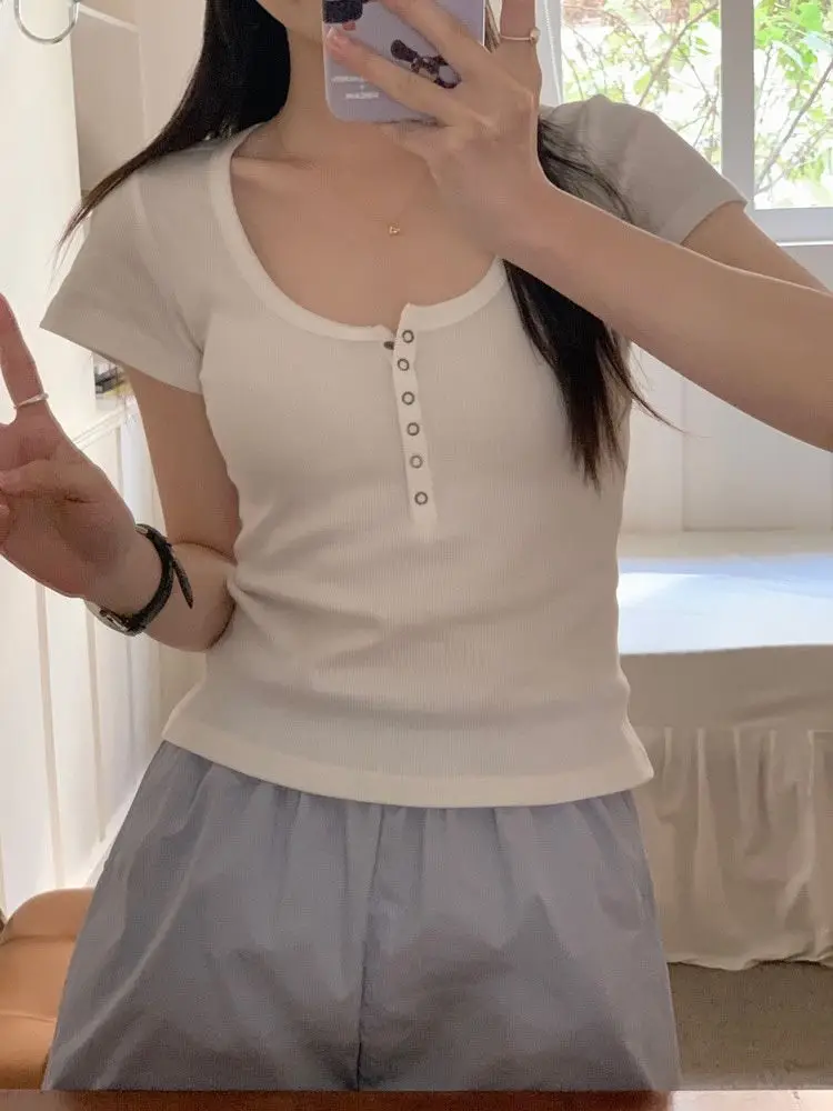 Cotton U Neck Short Sleeve Shirt Women Sexy Button Tops 2026 Summer Black White Casual Skinny Slim Basic Woman T Shirts Clothes