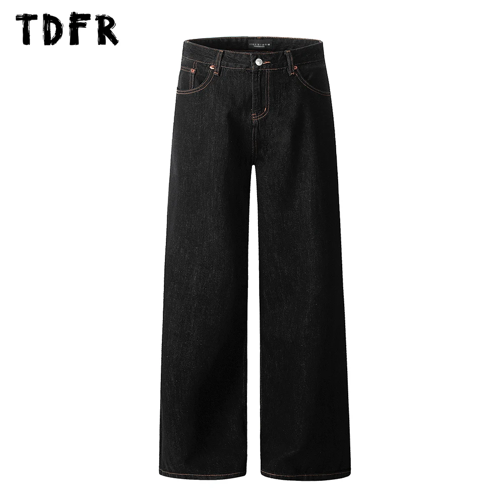 Top Stitch Pocket Dark Jeans Mens Retro Streetwear Loose Straight Wide-leg Denim Pants Men