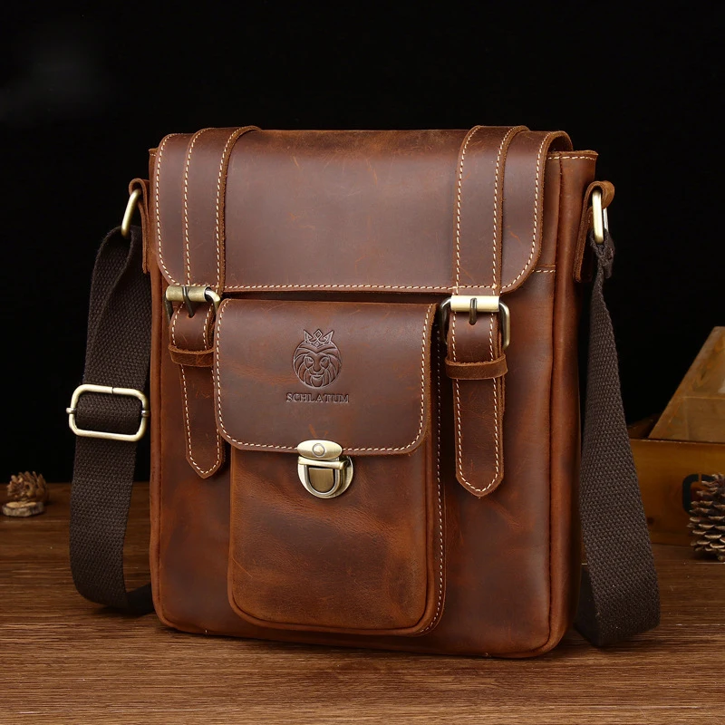 Vintage genuíno couro dos homens bolsa de ombro mensageiro sacos do carteiro para o sexo masculino marido telefone escritório crossbody sacos saco