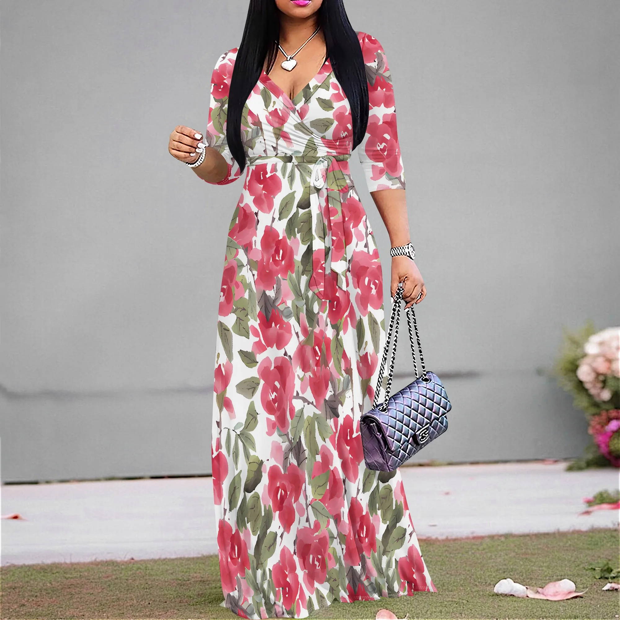 

Casual Floral Maxi Dress for Women Elegant Half Sleeve V-Neck Dress for Summer Vacation
