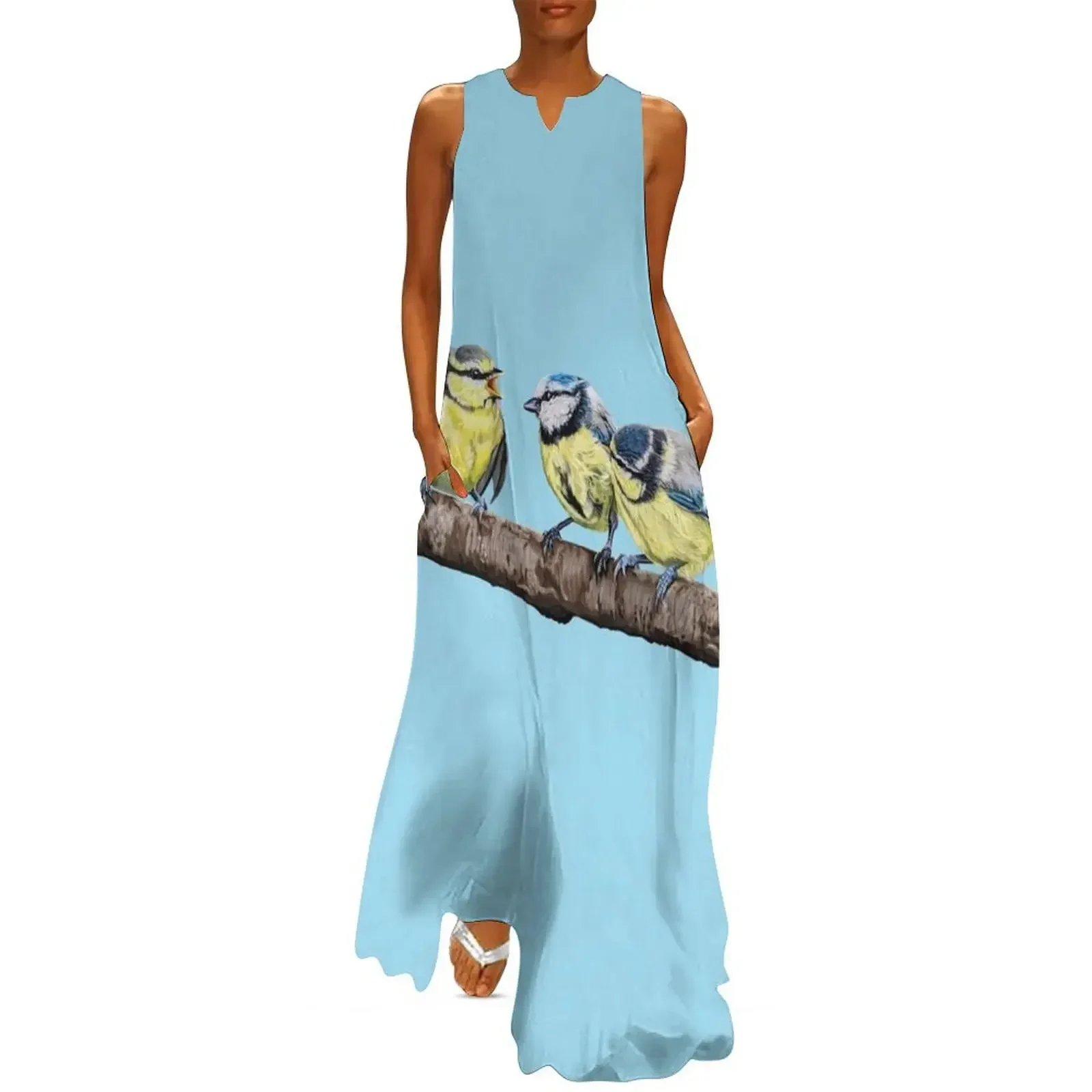 

Blue Tits sitting on a branch - twittering birds Long Dress women's summer clothing 2025 long sleeve dress Evening gown Dress