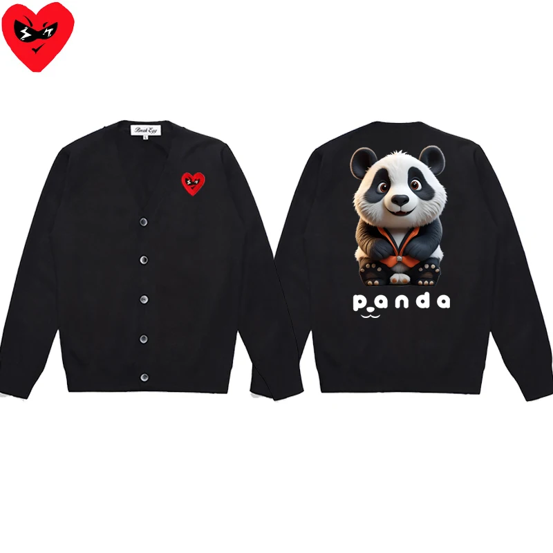 Cute Pandas Colorful Printing Men Cardigan Cotton Red Cute Glasses Heart Embroidery V-Neck Single Breasted Autumn Fit Sweater