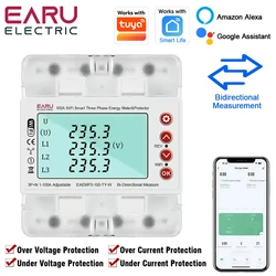 Three Phase 380V Tuya WiFi Smart Bi-Directional Energy Power kWh Meter Over Under Voltage Protector Relay Switch Current Limit