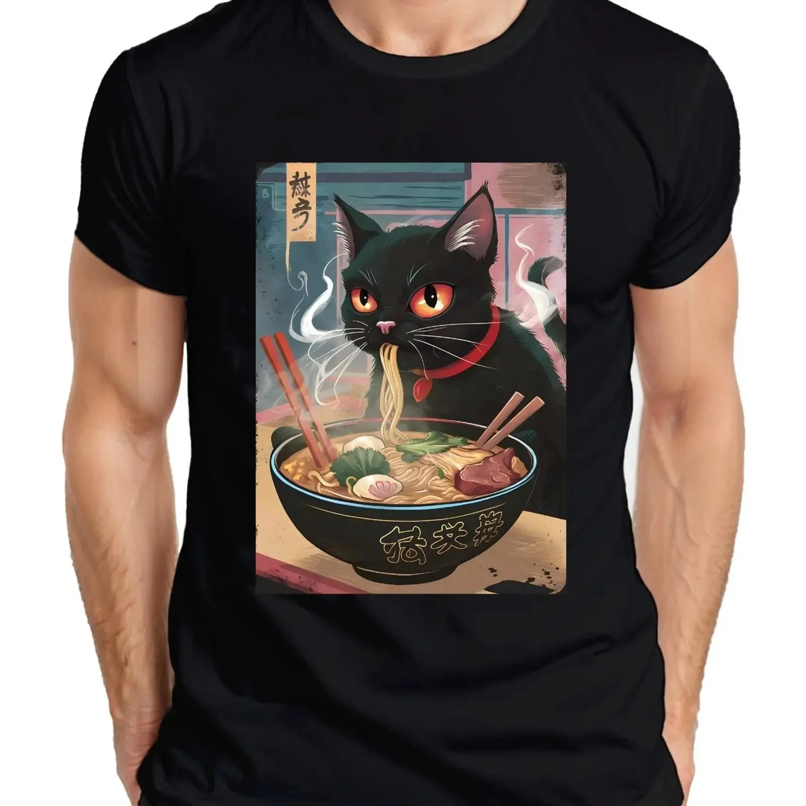 Schwarze Katze Ramen Nudelsuppe Japanisch Kawaii Anime Neko Chibi Herren T-Shirt Vintage Washed Designer-Kleidung Vielseitig