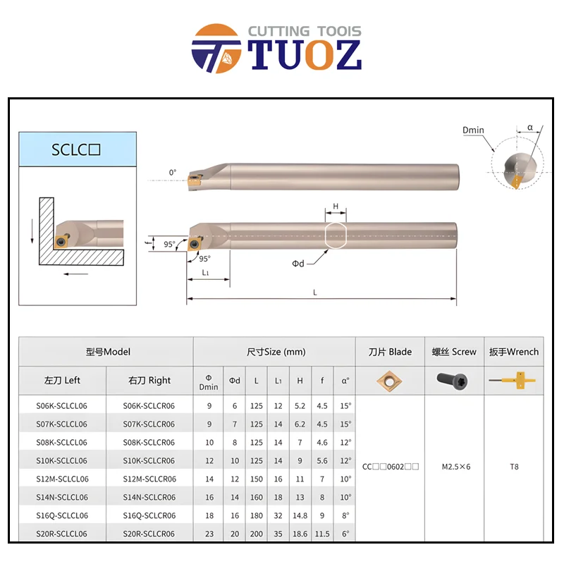 TUOZ SCLCR Portautensili per tornitura interna S06K- S07K- S08K- S10K- S12M- S16Q- SCLCR06 SCLCL06 Barra falciante per tornio CNC Inserti CCMT