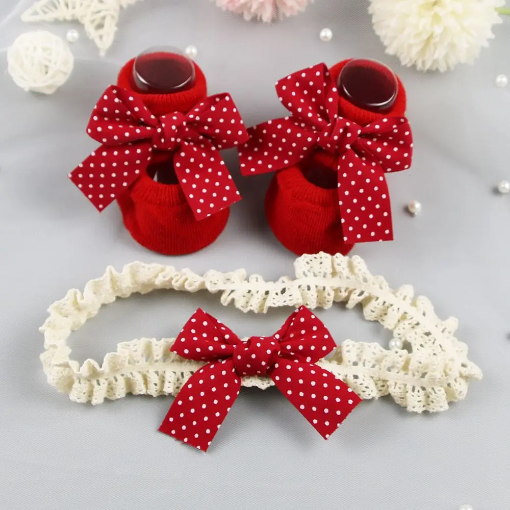 Heart Striped Red Baby Christmas Gift Socks Headband Set Toddler Floor Socks Infant Anti Slip Socks Newborn Baby Girl Socks