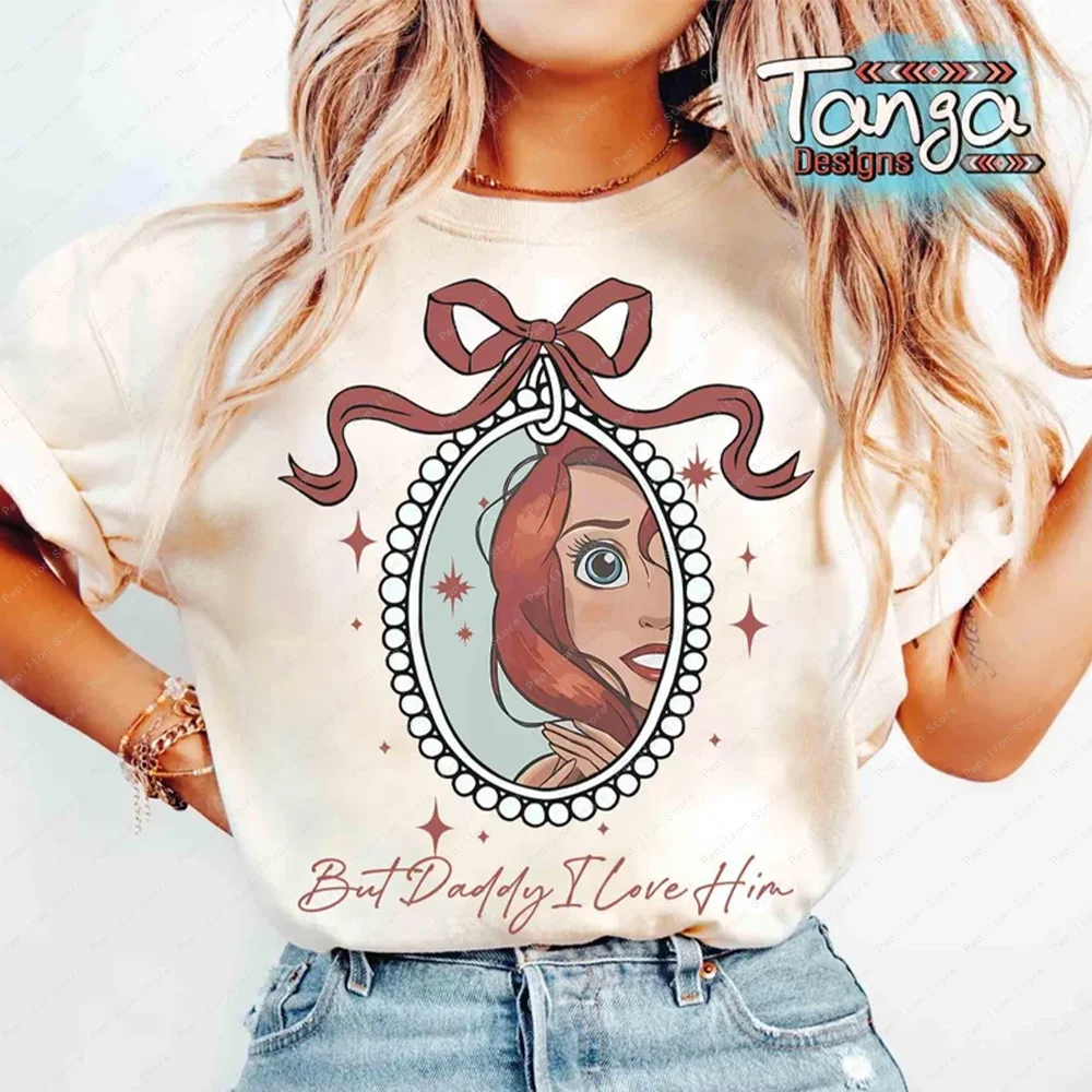 Coquette Bow Watercolor But Daddy I Love Him Ariel Princess Shirts Disney Mermaid Tee Magic Kingdom 2025 Cotton Girl Top Clothes