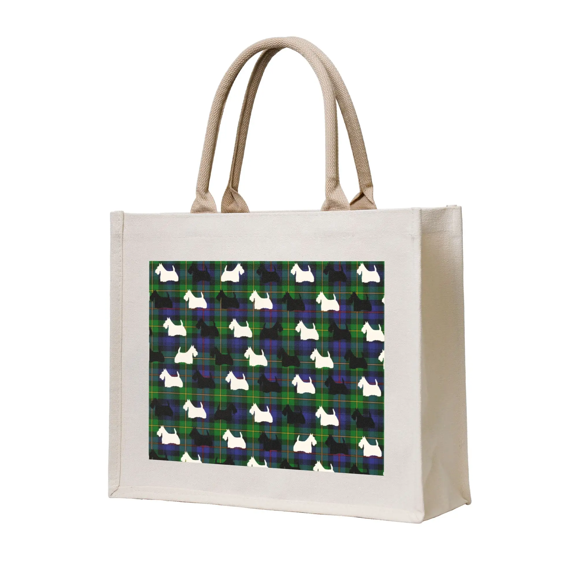 Fashion Scottie Dog Blue Green Tartan Scottish Terrier Plaid  Shopping Tote Bags Portable  Grocery Shopper Shoulder Bag