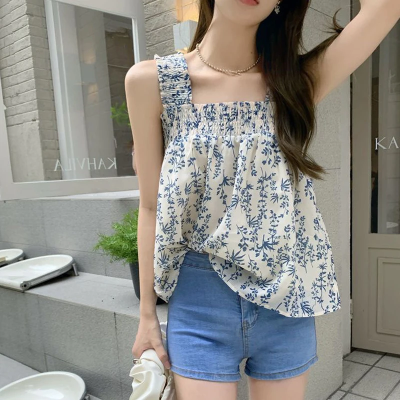 2023 Women Square Collar Floral Print Tank Tops Summer Trendy Kawaii Sweet Chic Loose Camisole Casual Streetwear Sleeveless Vest