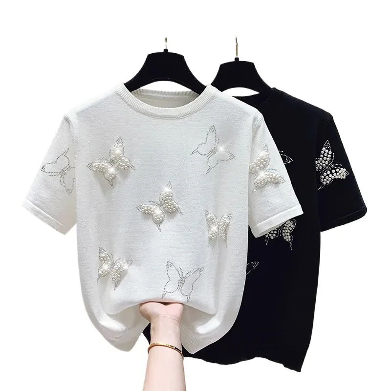 T-Shirts Women Casual Knitted Beading Solid All-match Korean Fashion Popular Streetwear Summer Short-sleeved Tops Harajuku Ins