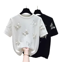 T-Shirts Women Casual Knitted Beading Solid All-match Korean Fashion Popular Streetwear Summer Short-sleeved Tops Harajuku Ins