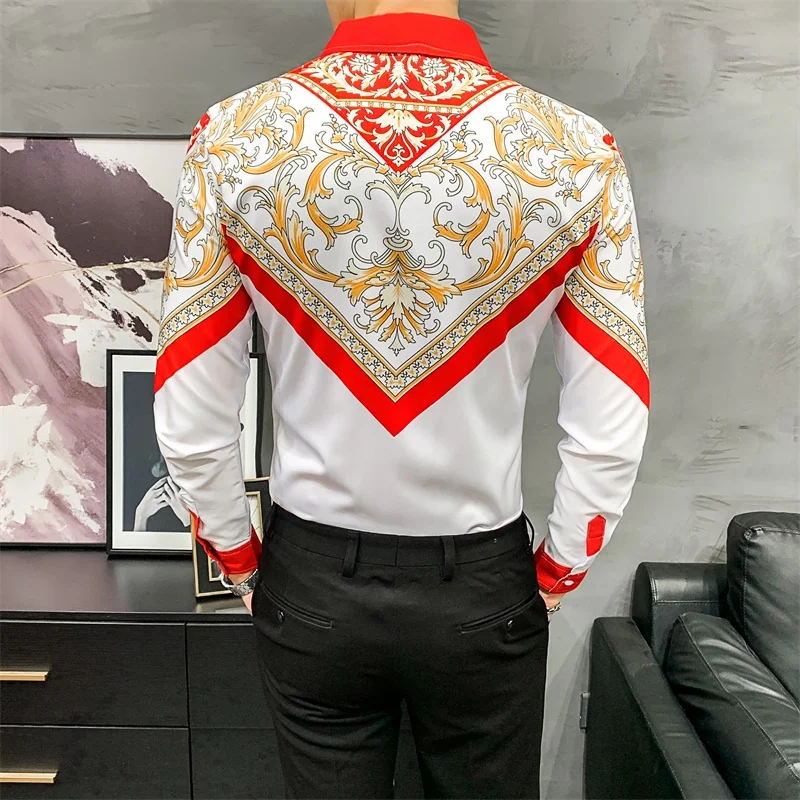 Luxury Gold Print Men Shirt Retro Long Sleeve Shirts Casual Slim Fit Tops Party NightClub Tuxedo Shirts Streetwear Chemise Homme