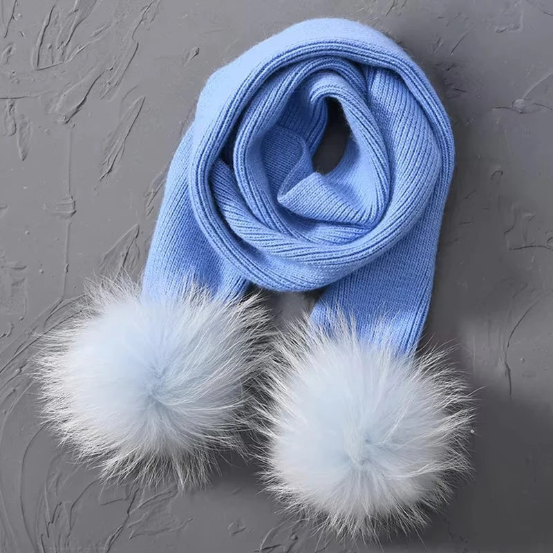 Jaxmonoy الاطفال وشاح محبوك مع الراكون الطبيعي كرة فرو الفتيات والفتيان شتاء دافئ الكشمير مزيج الأوشحة الطفل وشاح ناعم #6