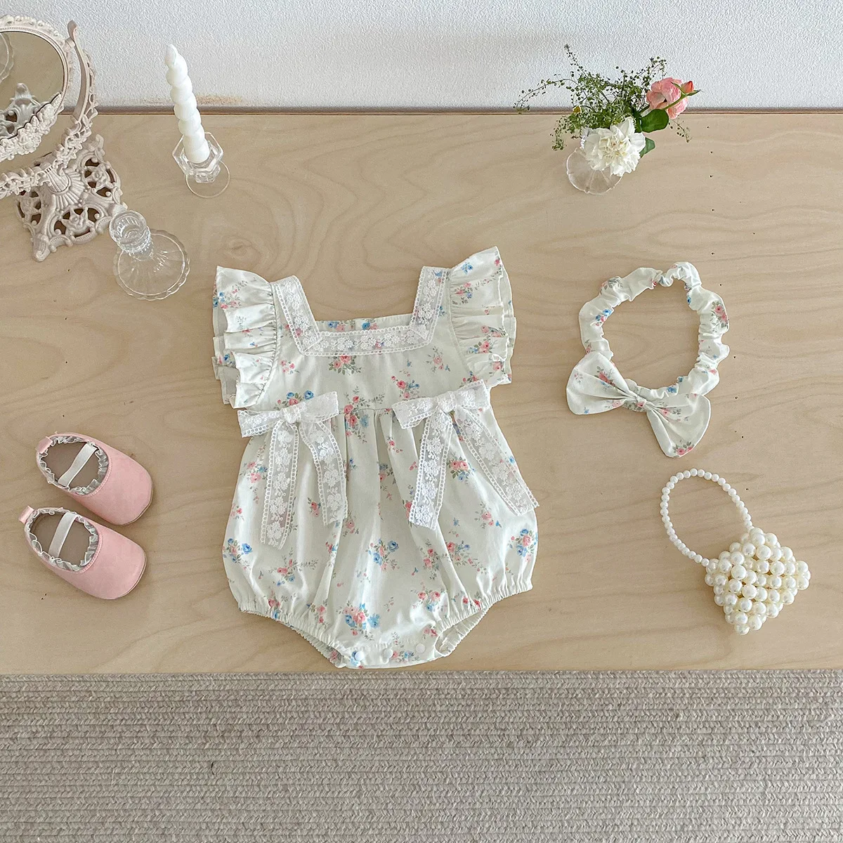 

2026 Summer Newborn Girl Rompers Short Sleeve Toddler Girl Jumpsuit Floral Kids Baby Girl Bodysuit Square Collar Infant Overalls