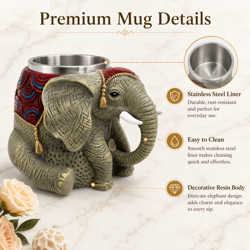 Creative Elephant Resin Mug Stainless Steel Liner Animal Shape Coffee Cup Home Office Decor Gift