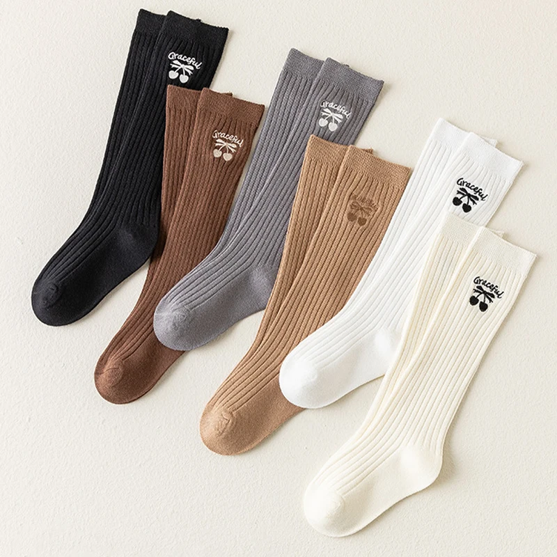 Cute Embroidery Princess Kids Stockings Spring Autumn Children Calf Socks Solid Color Girl Knee High Sock 3-8Year Baby Footwear