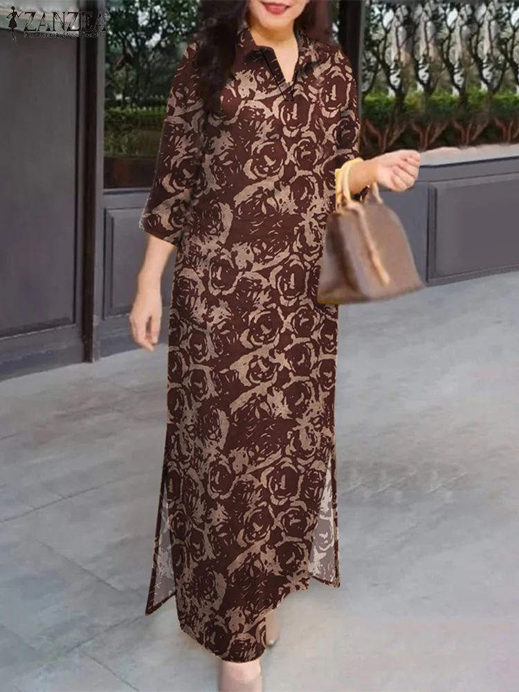 ZANZEA Floral Print Casual Long Vestidos Pure Cotton Vintage Slit Hem 2024 Fall Shirtdress 3/4 Sleeve Women Vacation Maxi Dress
