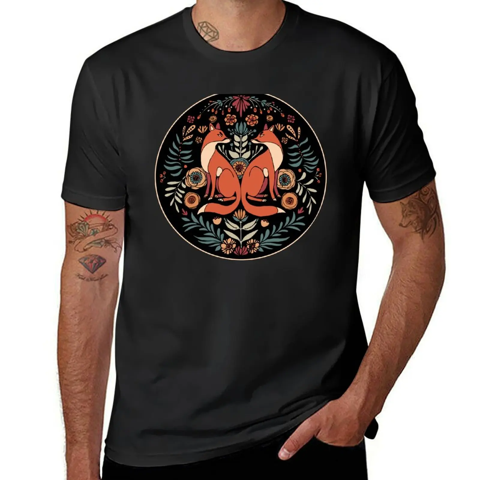 

Fox Forest Floral Tile T-Shirt boys animal print quick drying blanks Men's cotton t-shirt
