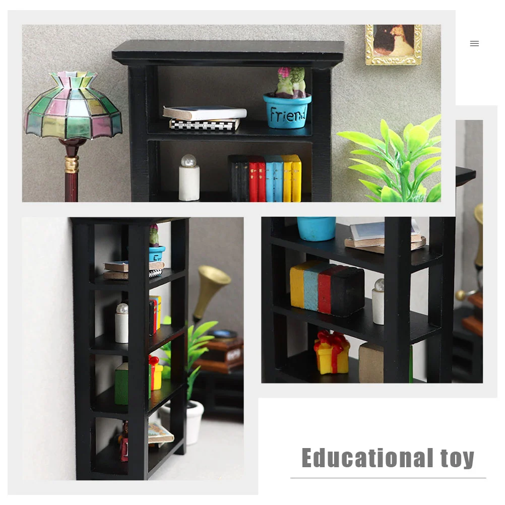 Black Flower Stand Decor Mini House Display Bookshelf Decoration Miniature Bookcase Tiny Model Wood Furniture Four-layers Rack