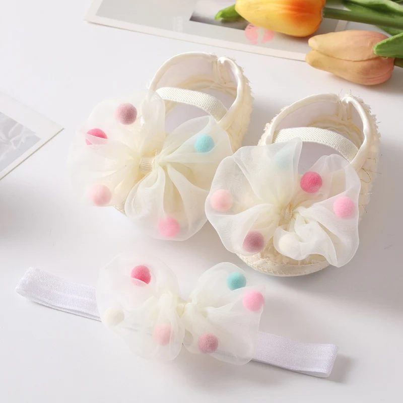 Infant Baby Girl Shoes Newborn Cute Bow Flowers Headband Anti-Slip Soft Sole First Walkers Toddler Cotton Baptism Shoes