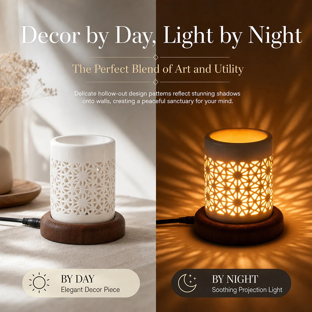 Ceramic Electric Essential Oil Burner Electronic Incense Burner with Heating Lamp Adjustable Temp & Timer Wax Warmer Night Light