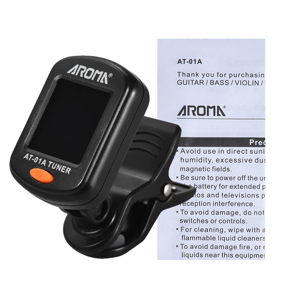 AROMA Gitaartuner AT-serie Oplaadbare, draaibare clip-on gitaartuner met ingebouwde batterij USB-kabel voor gitaar, bas, ukelele