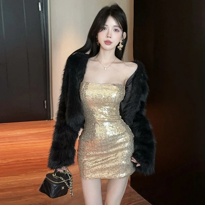 Shiny Sequin Crop Top  Dress Slim Fit Party Dress Low Waist Polyester Fabric Glittering Sequin Bustier Gown for Women