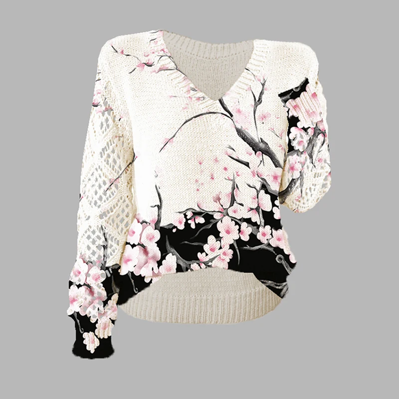 Dressfo New Women's Top Vacation Knitted Sweater Peach Blossom Print Hollow Out V Neck Sweater
