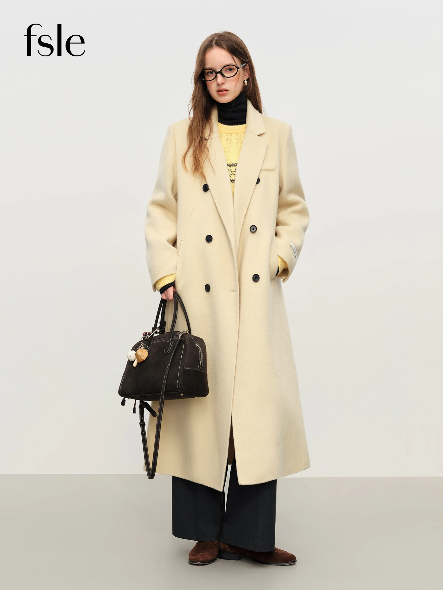 FSLE 【Serie Premium】 Abrigo de cachemira 2025 Abrigo de invierno a medida de lujo relajado para mujer Abrigo largo de lana con cuello de traje