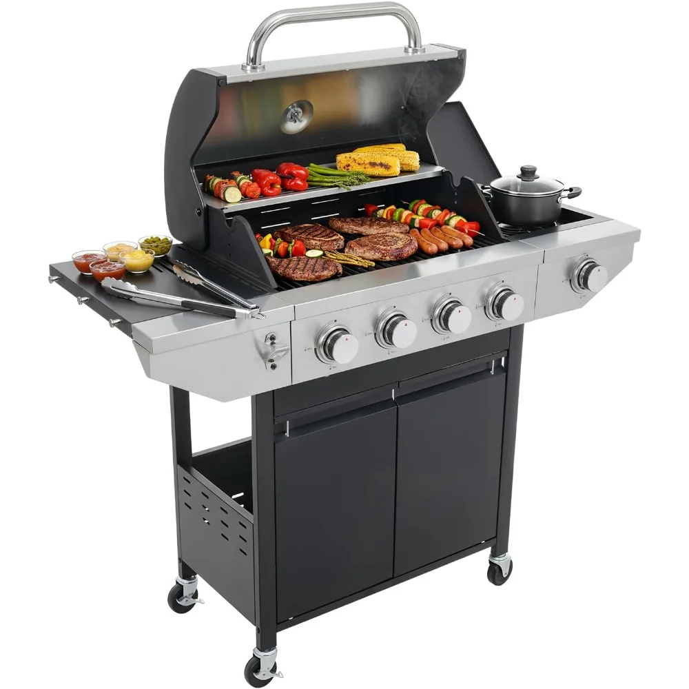 

Stainless Steel Propane Gas Grill with 4 Burners and Side Burner, 46,500 BTU Output, Enamel Cast Iron Grates