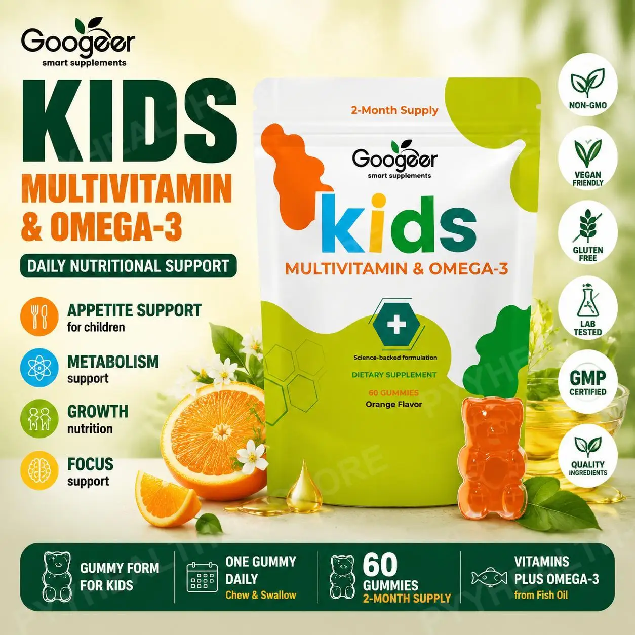 Googeer Kids Multivitamin & Omega-3 Gummies, Vitamin C D3 B6 B12 Zinc Fish Oil, Orange Flavor, 60 Count, Daily Nutrition Support