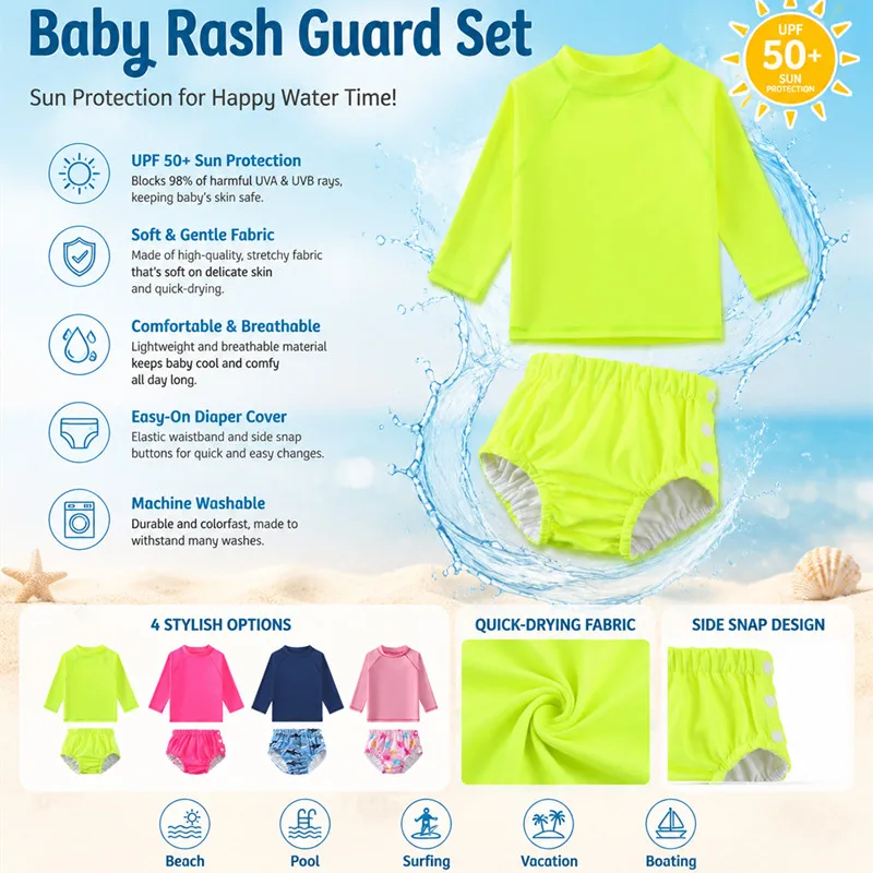 Girl Boy Swimwear Long Sleeve Swimsuit Rash Guard Set UPF 50+ Sun Protection Baby Toddler Swim Diapers Bathing Suit