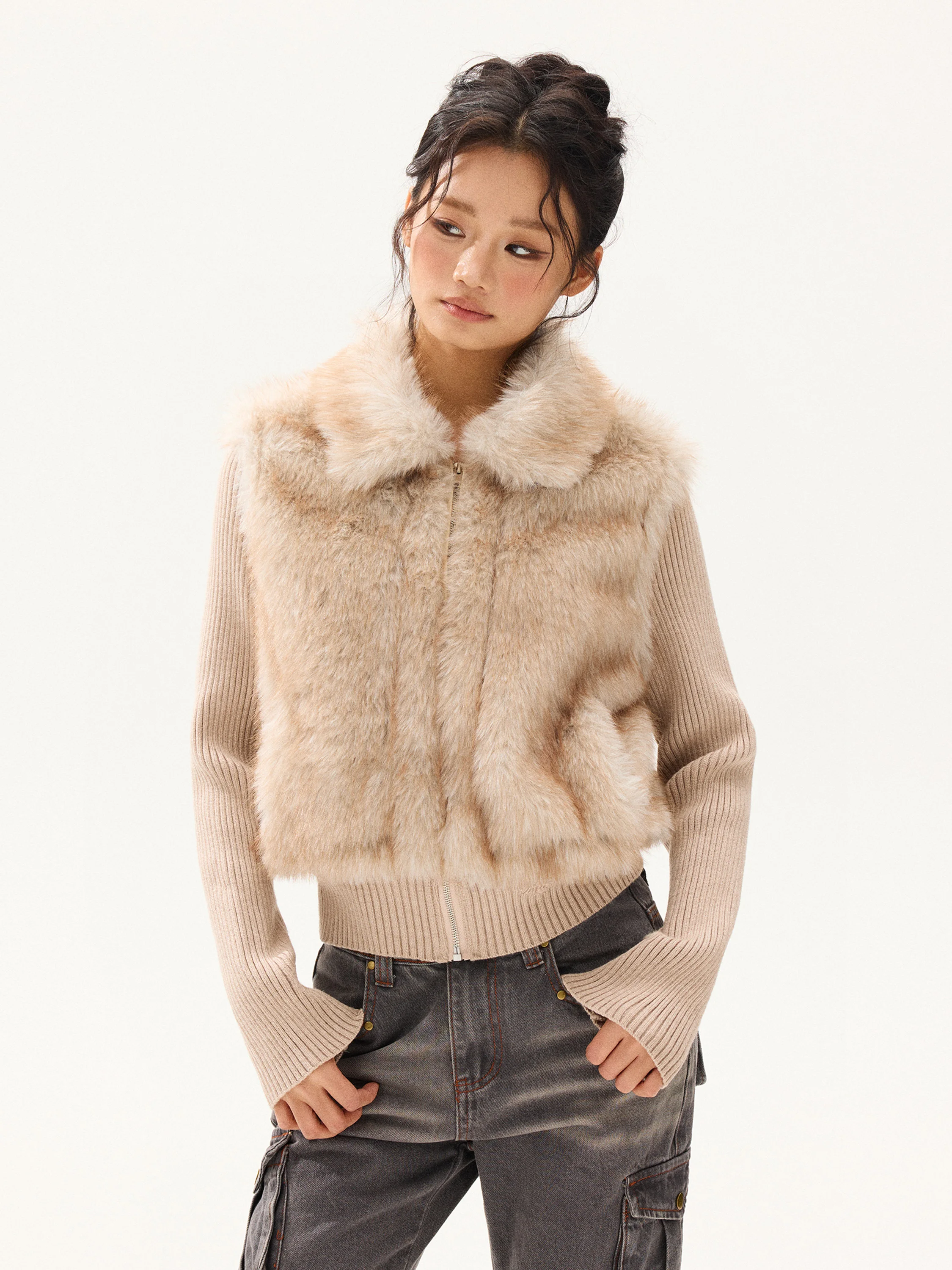 

Free Sonata American Retro Knitted Patchwork Fur Cotton Jaet Women's High-End Slim Fit ort Collar Coat Faionable Commute