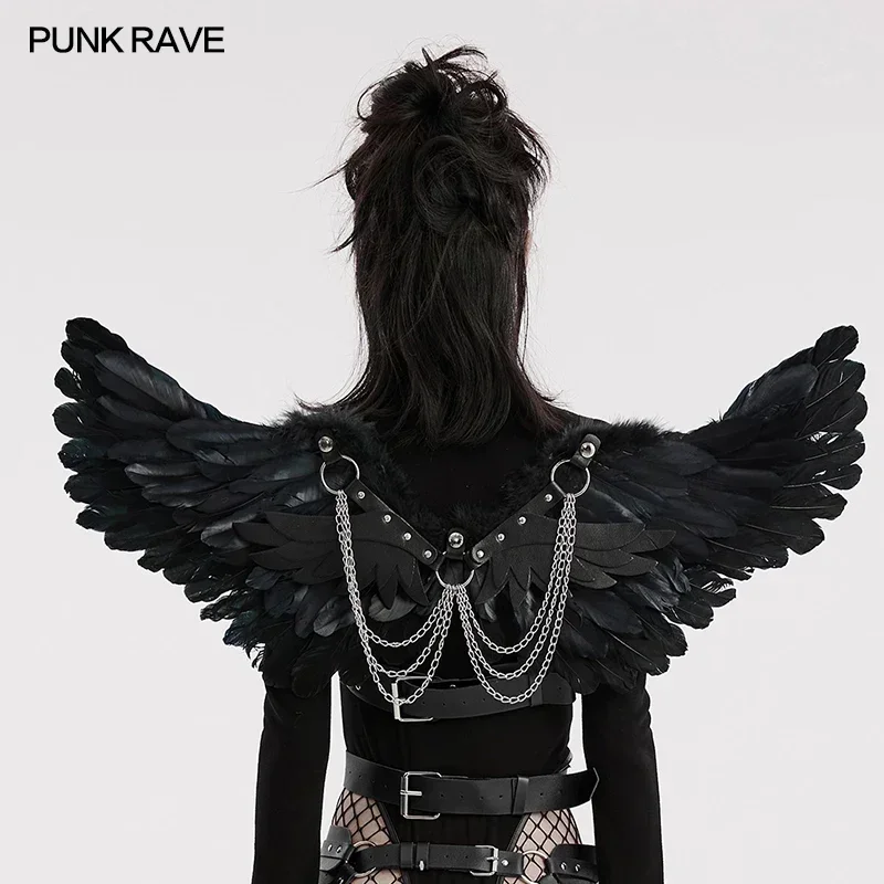 PUNK RAVE Women's Punk Feather Wing Harness Detachable Leather Wings&Chains Club Halloween Accessories 3 Colors Available