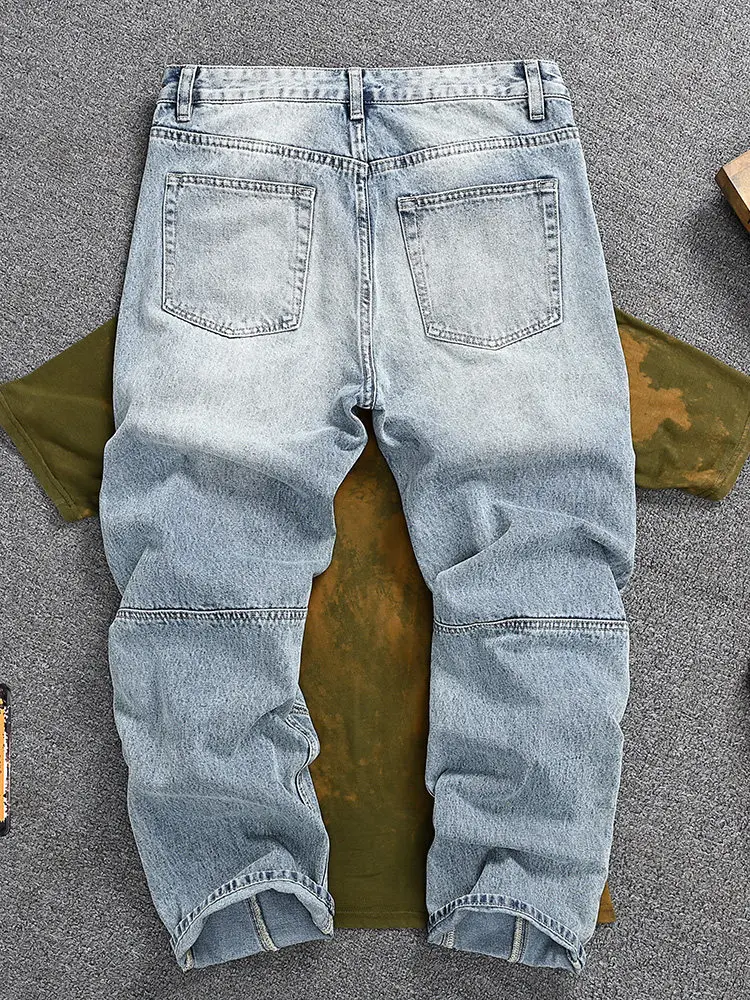 Men's American Vintage Light Blue Jeans, Patchwork Design, Loose Straight High Street Fashion Denim Pants