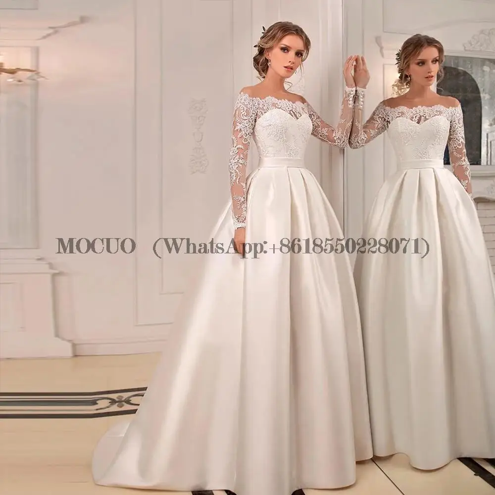 Klassische Brautkleider O-Ausschnitt volle Ärmel Reiß verschluss Spitze Applikation Brautkleider Illusion Sweep Zug A-Linie Satin Vestidos de Novia