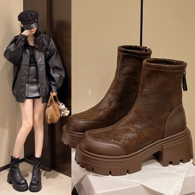 

2025 New Fashionable and Hot-selling Designer Platform Winter Boots Women Zip Booties Thick Bottom High Heel Boot