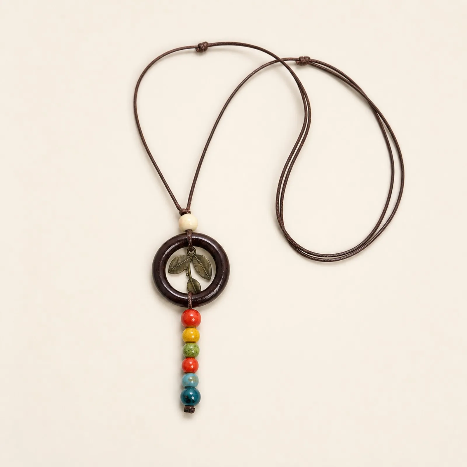 Handmade Ceramic Bead Wood Ring Necklace Adjustable Waxed Cord Braided Pendant Jewelry Colorful Beads Artisan Style Y260713-03