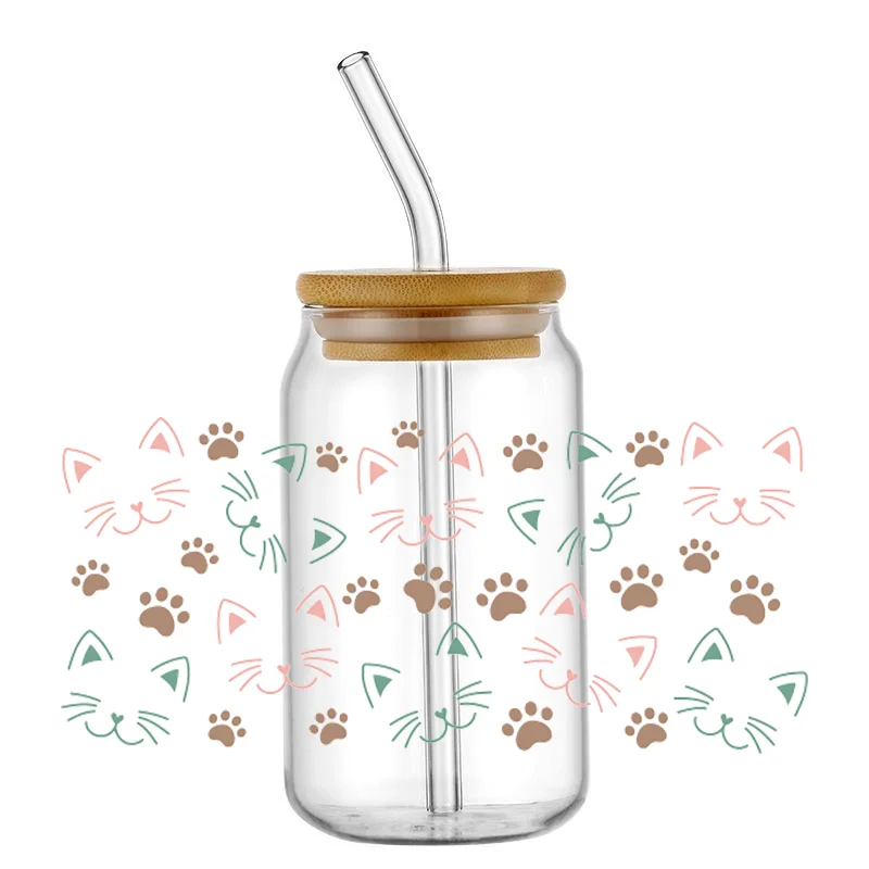 Cartoon Cat 3D Transfer Sticker For 16oz Libbey Glass Waterproof Mug Cup Wraps UV DTF Stickers Custom Logo