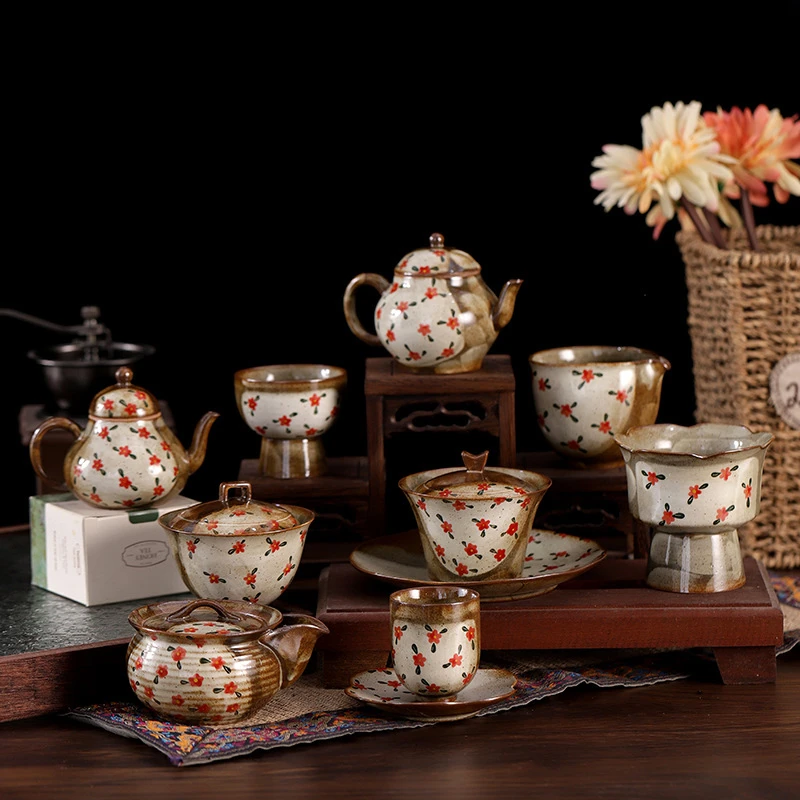 Pure Hand-painted Small Floral Firewood Fired Retro Underglaze Colored Tea Set Chinese Style Kung Fu Tea Set Tea Pot and Cup Set