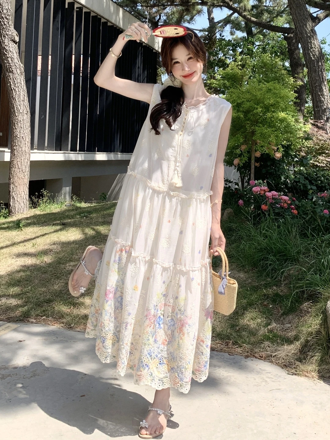 Sweet Daily Feel Simple Embroidered Print Dr Women's Summer Tassel Bow Ne Long Skirt A-Line Gown No-Sve Polyester Fabric