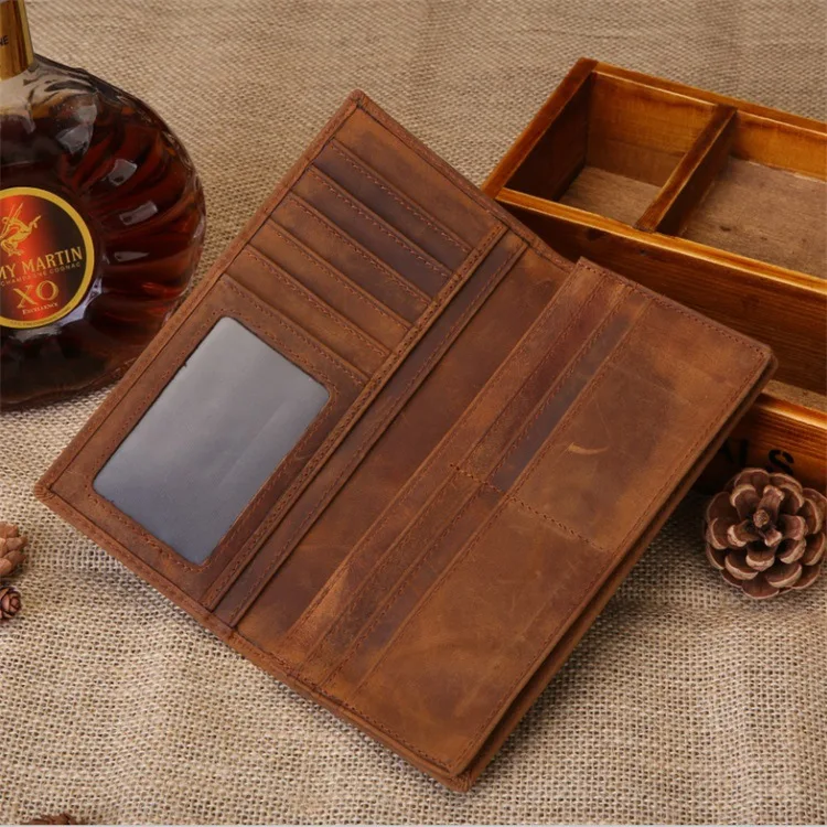 Portafoglio lungo in pelle Crazy Horse, portacarte in pelle da uomo, portafoglio multifunzionale di grande capacità