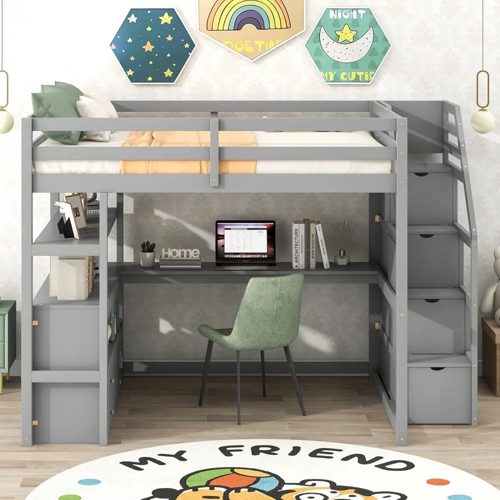 Wooden Full Size Loft Bed with Stair and Desk,High LoftBed with Storage Shelves,Two Built-in Drawers for Kids/Teens/Bedroom,Gray